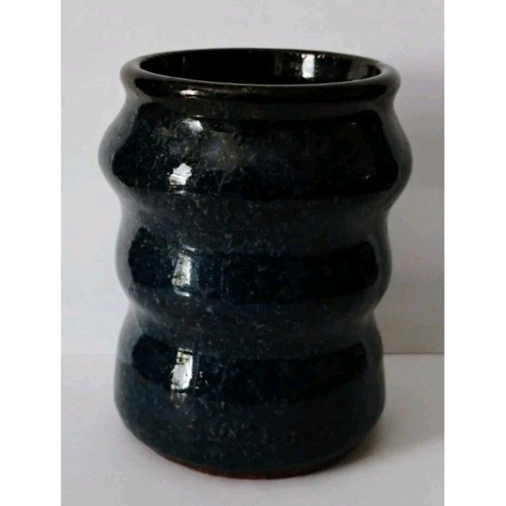 Studio Art Pottery Ribbed Bud Vase 3.5" Hand Thrown Blue Metallic Oil Spot Glaze